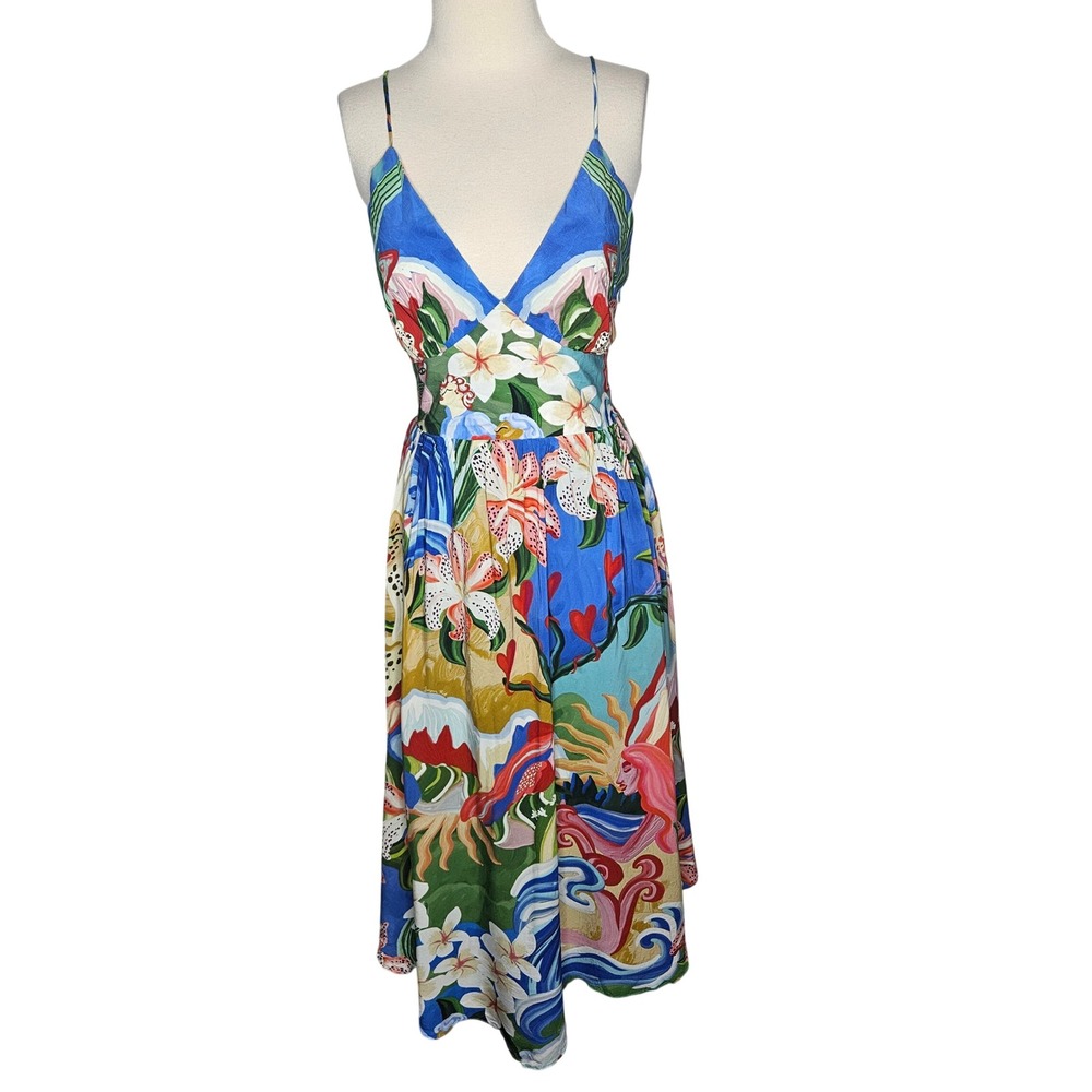 FARM Rio Garden of Life Midi Dress M NWT Multicolor Tropical Floral Lace Up